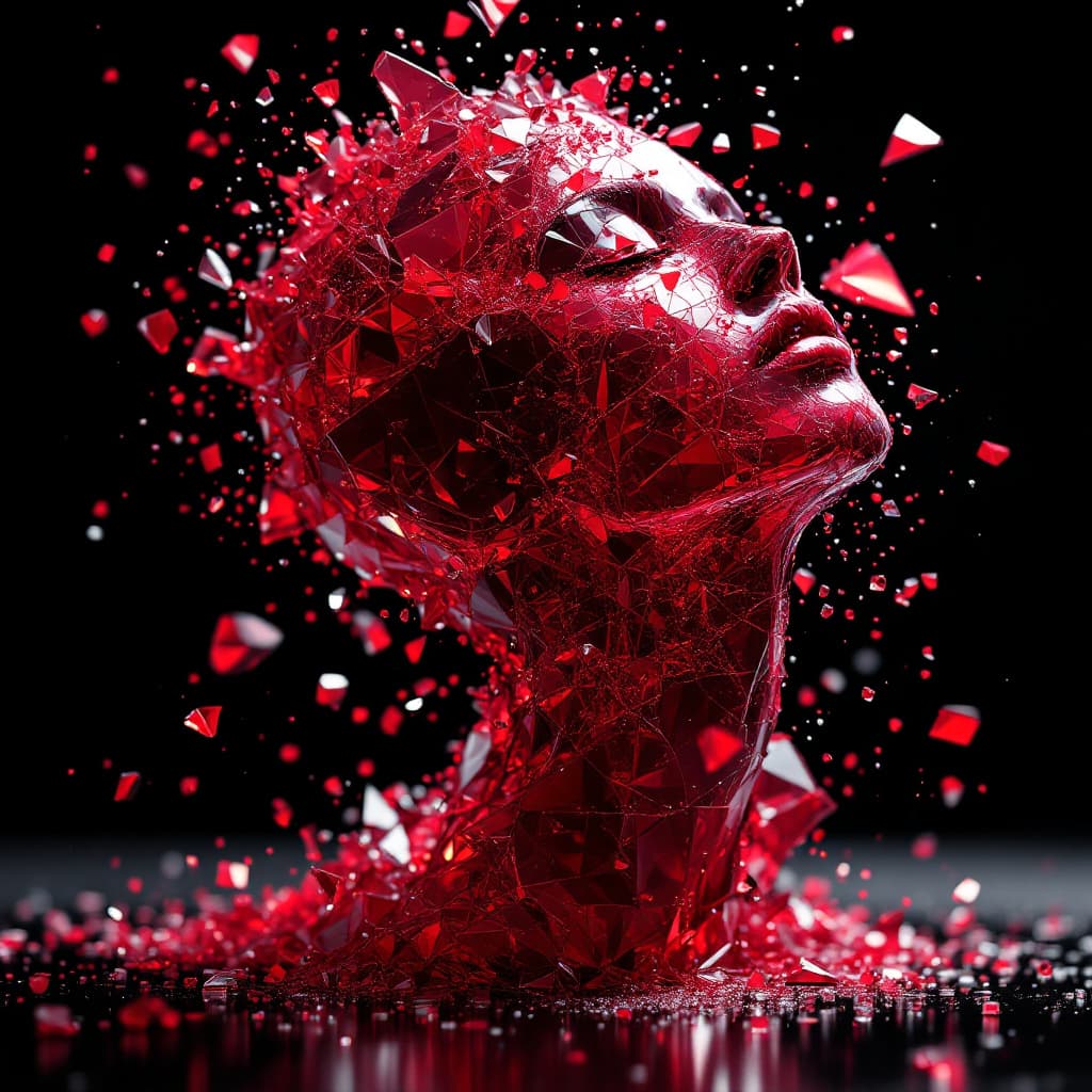AI generated: ultra detailed shot of a shattering sculpture made of red glass in a female shape, full body zoomed,...