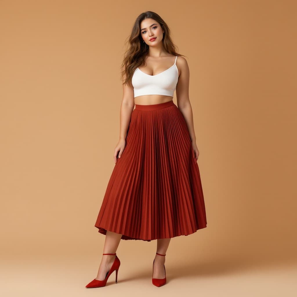 AI generated: a girl with sangria coloured box pleats skirt half above knees on high heels, front pose, and thick ...