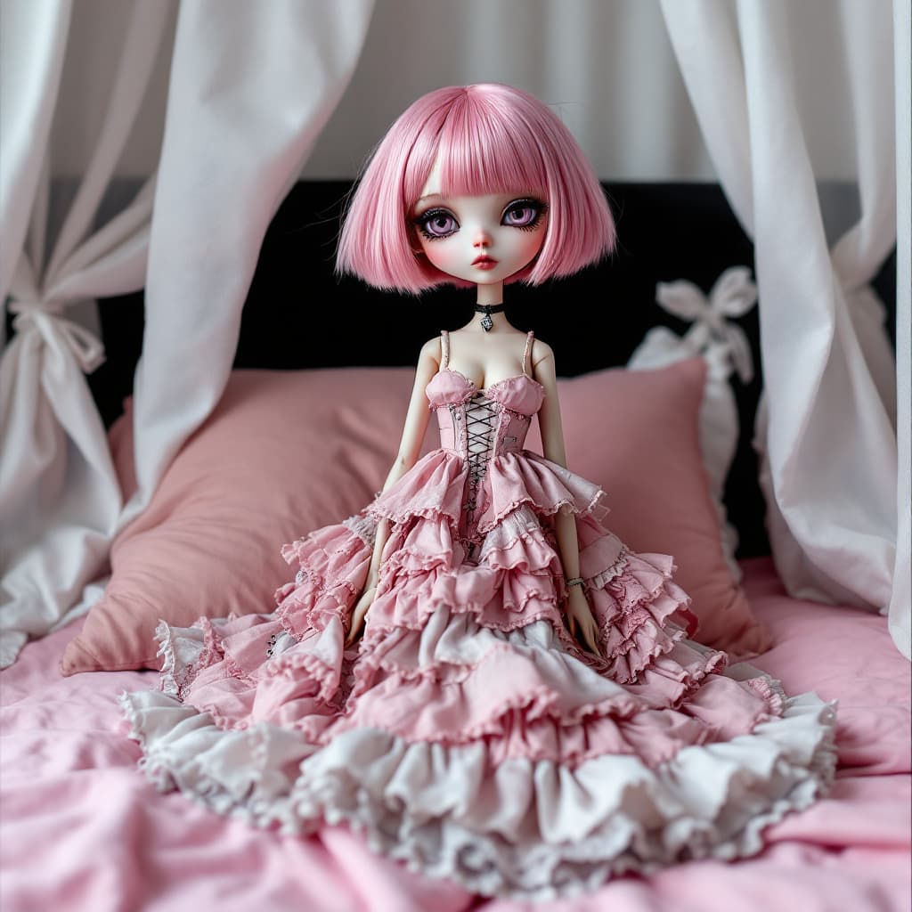 AI generated: on a bed with pink sheets and white curtains a female doll with flat chest sits on a shelf with a me...
