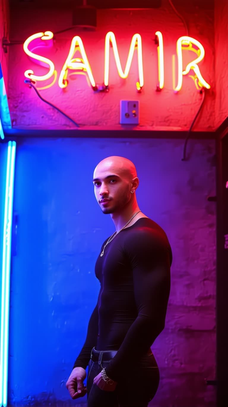 AI generated: a HANDSOME SKINNY BALD man stands in front of a neon sign that reads "SAMIR" in bold white letters. ...