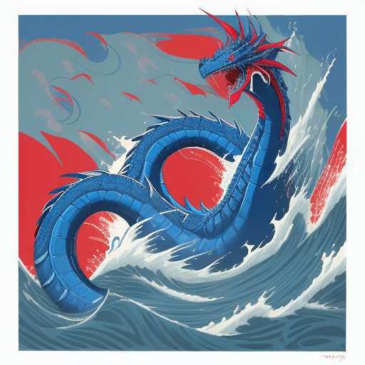 AI generated: blue dragon in the waves art print, in the style of andy warhol, neo-traditional japanese, drawings,...