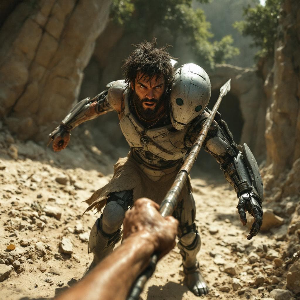 AI generated: An ultra-realistic point-of-view (POV) shot captures the first-person perspective of a caveman wield...