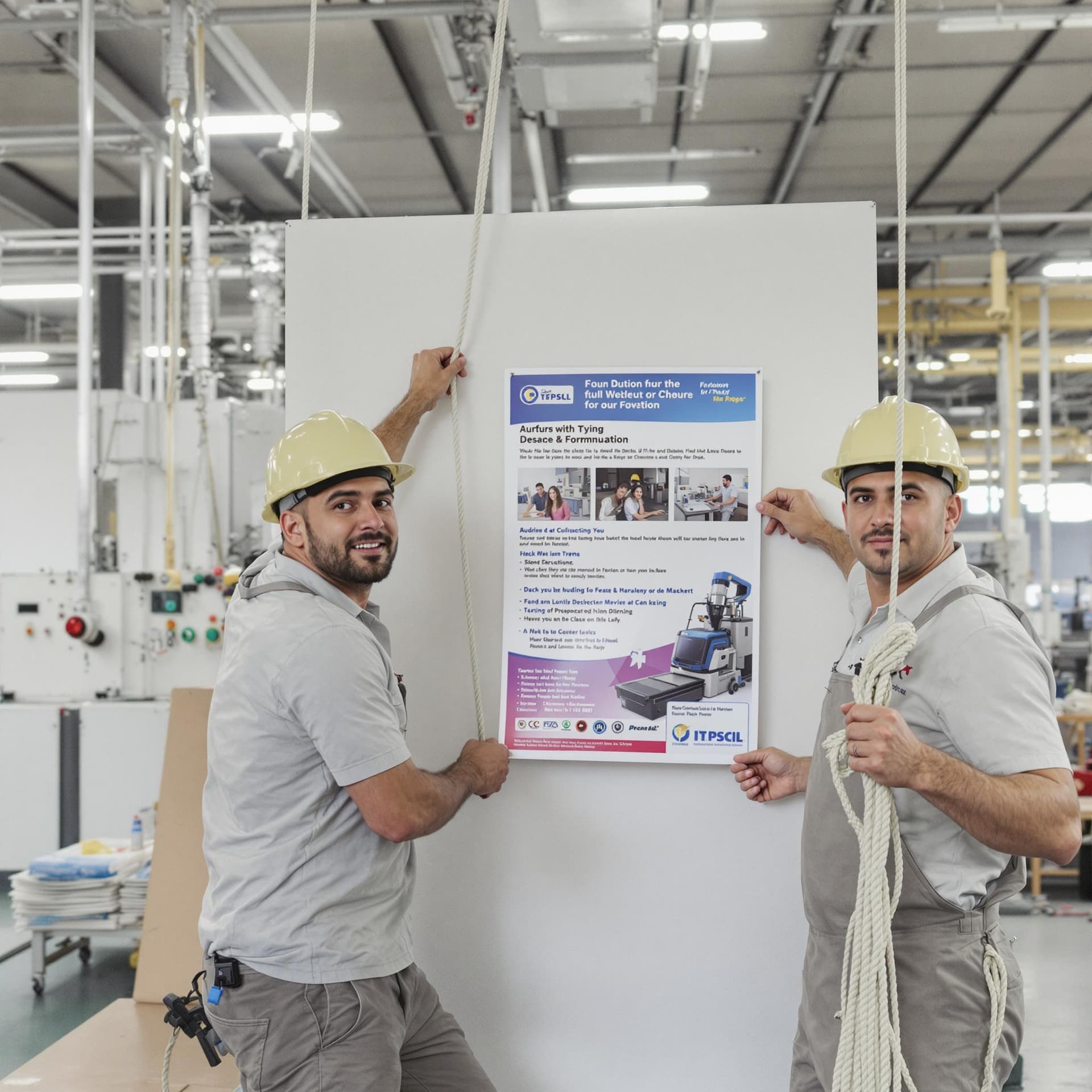 AI generated:  In the photo, two male workers at a factory are hanging a poster, looking at the camera, holding ro...
