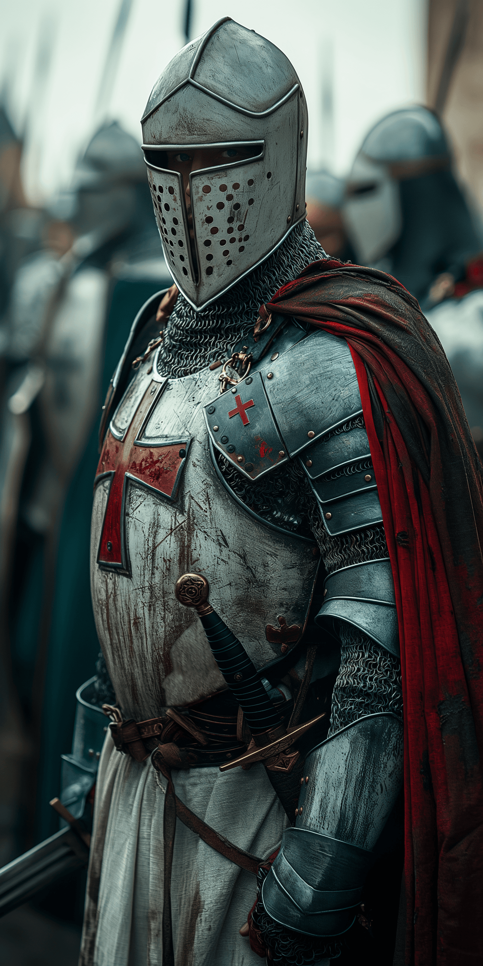 AI generated: Photorealistic photo of the armor and helmet of a Templar knight, white with a red cross on the ches...