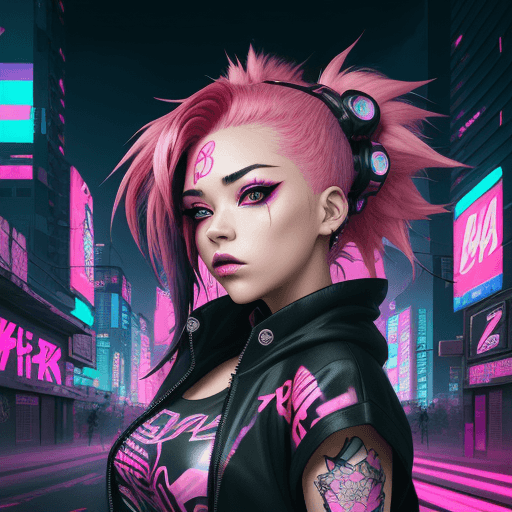 AI generated: An exquisite anime-style portrait of a vibrant and edgy cyberpunk waifu. The background is a strikin...