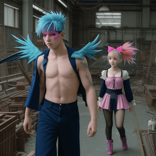 AI generated: “blurry and grainy 1990s tv footage of a serious boy with blue hair and eyepatch and an aventurer gi...