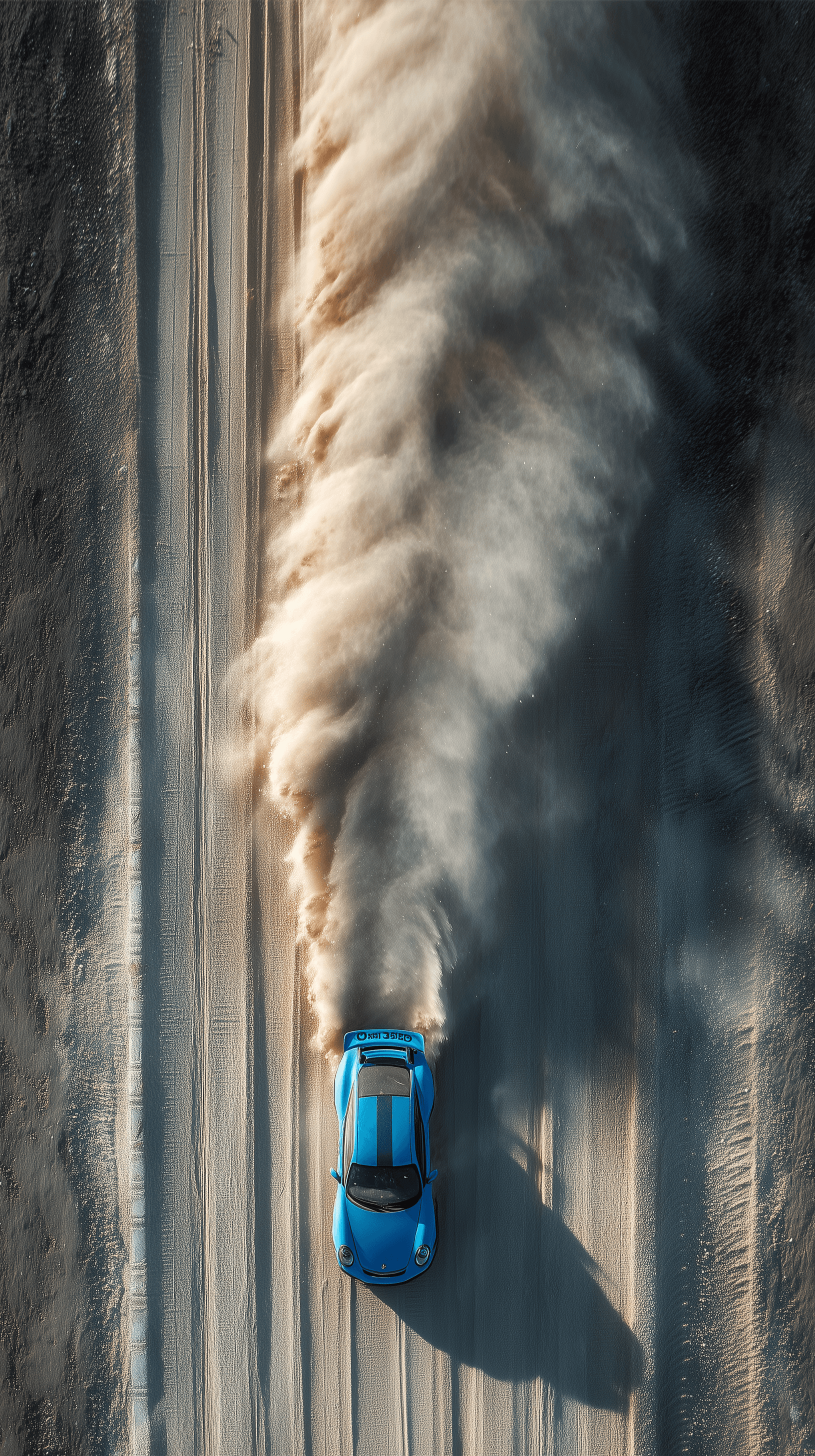 AI generated: overhead whip-pan capturing blue car, vertical central composition, burst past checkpoint, radial mo...
