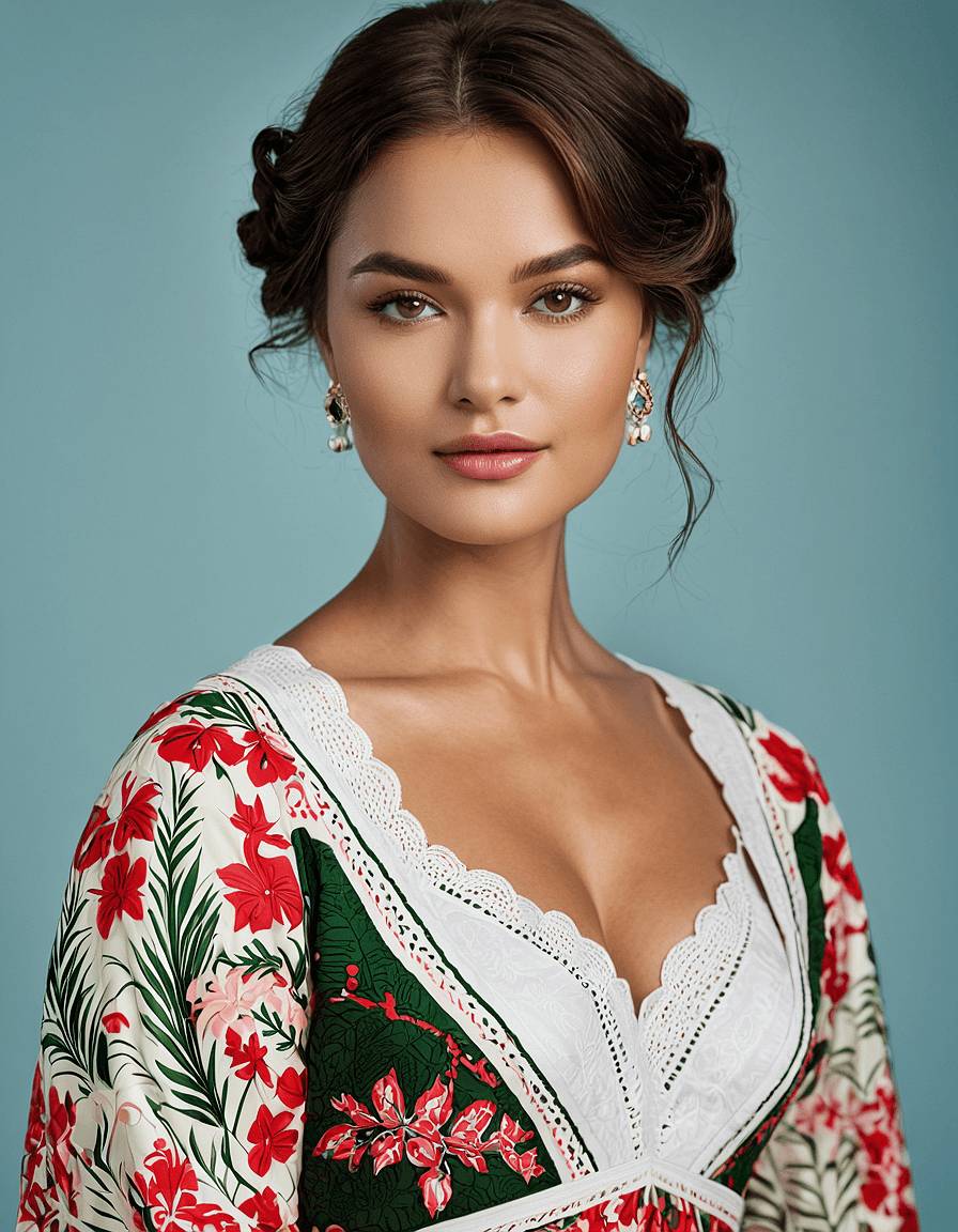 AI generated: A waist up portrait of a beautiful woman, wearing Pe'a - a variation of the holok gown with a fitted...