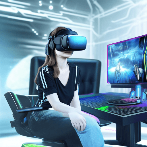 AI generated: gamer sitting on virtual reality chair device plugged into a whole of gaming consoles and machines, ...