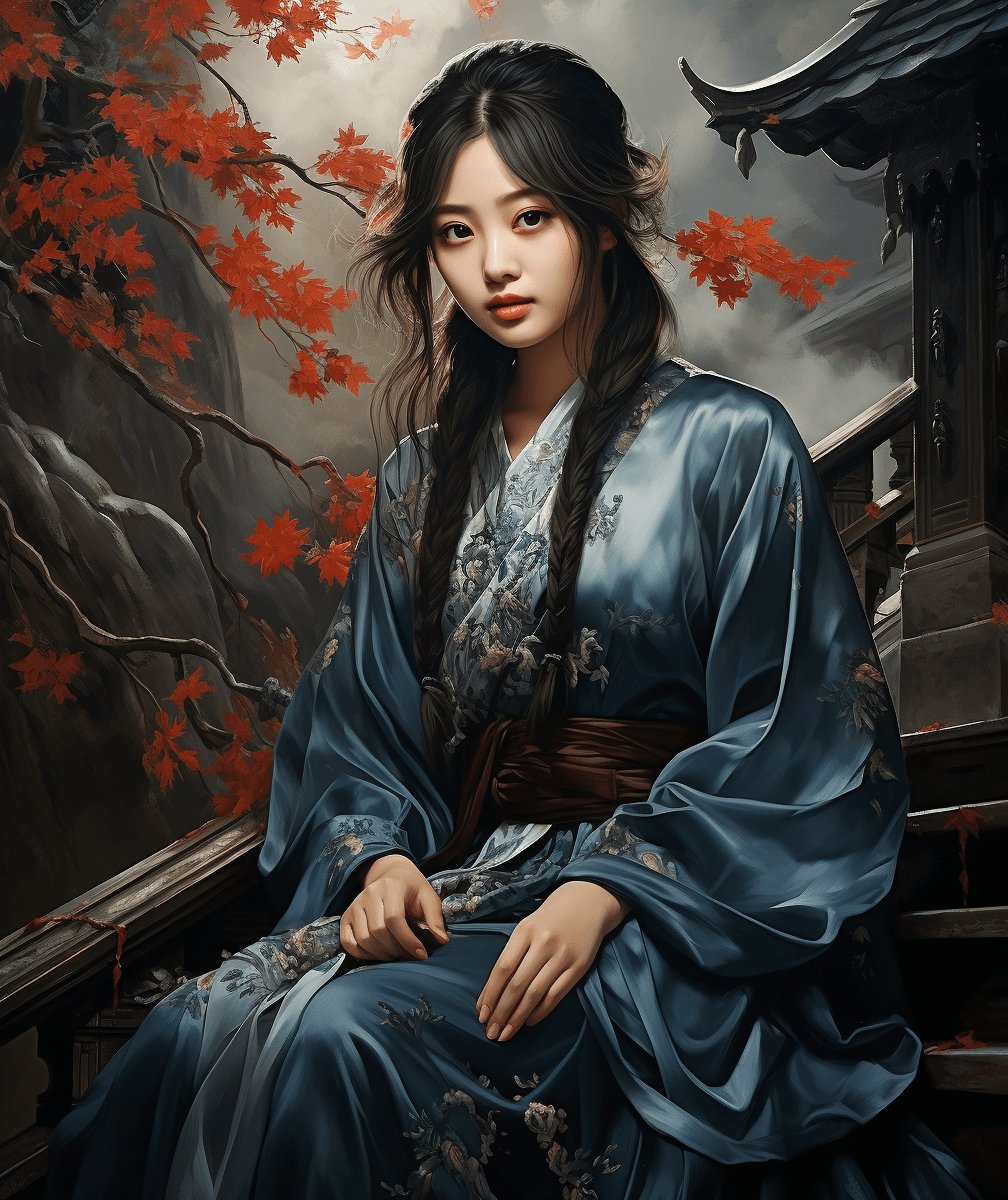 AI generated: a girl in traditional garb sitting on a rail in red leaves, in the style of mythological paintings, ...