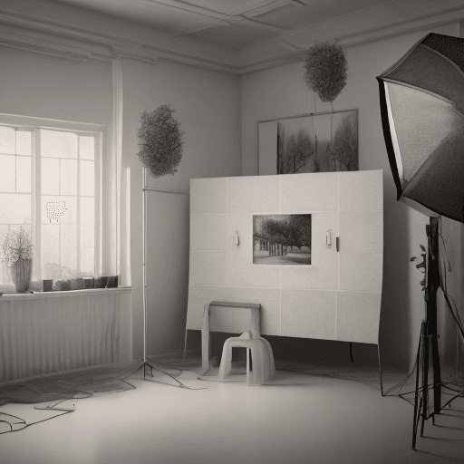AI generated: white photography studio, realistic, modern minimalist style double color sideboard with stunning de...