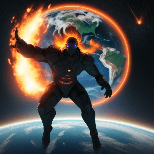 AI generated: An giant humanoid protecting the Earth from a fire Meteor