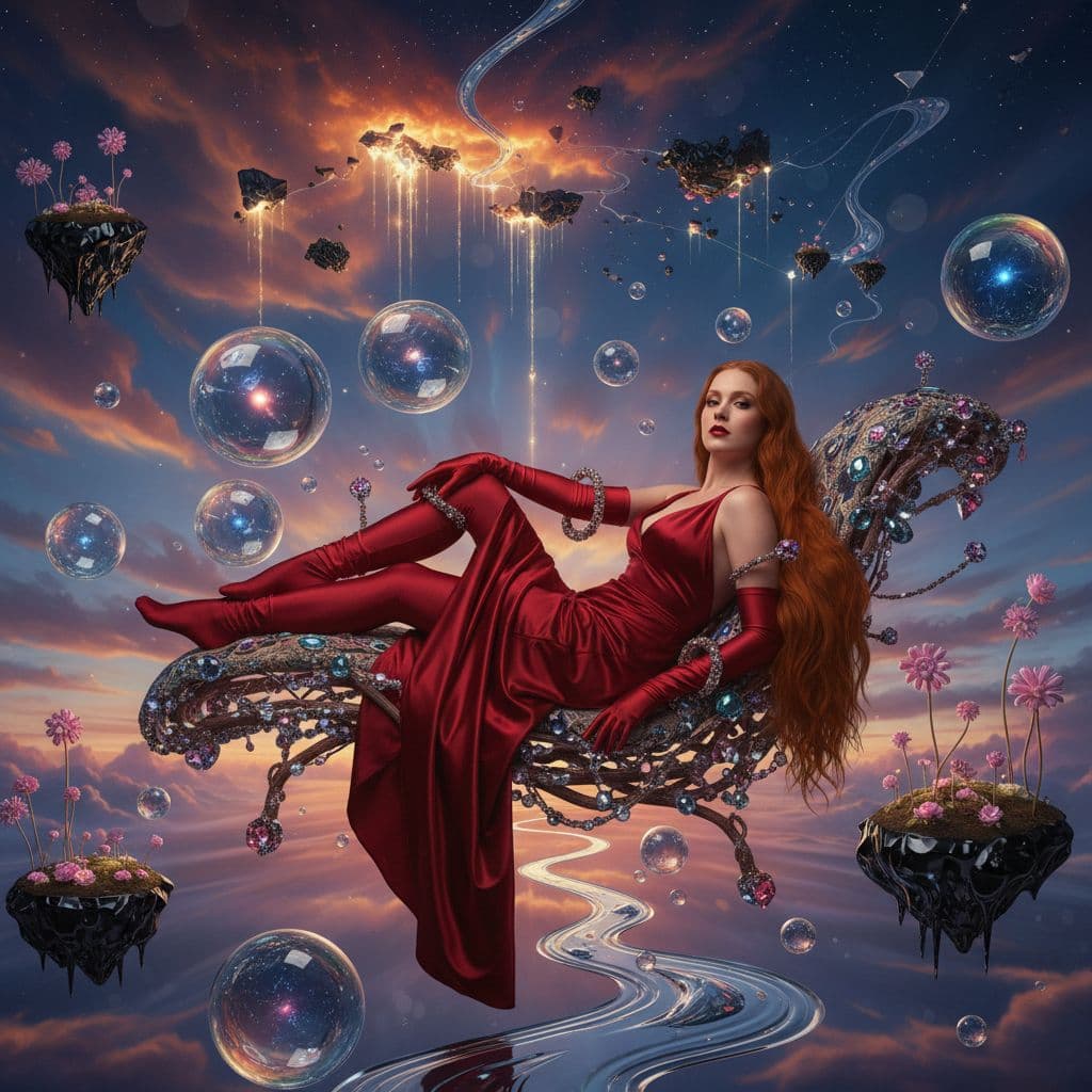 AI generated: erotic woman ,in a luxuriously sureal Dimension, she is complete Ginger-haired ,red satin gloves