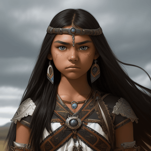 AI generated: Sioux teen girl, beautiful, dramatic, powerful, main character in epic fantasy, detailed