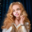 AI generated: a young blonde woman long curly hair, wearing gold sequins in front of lights and stars, in the styl...