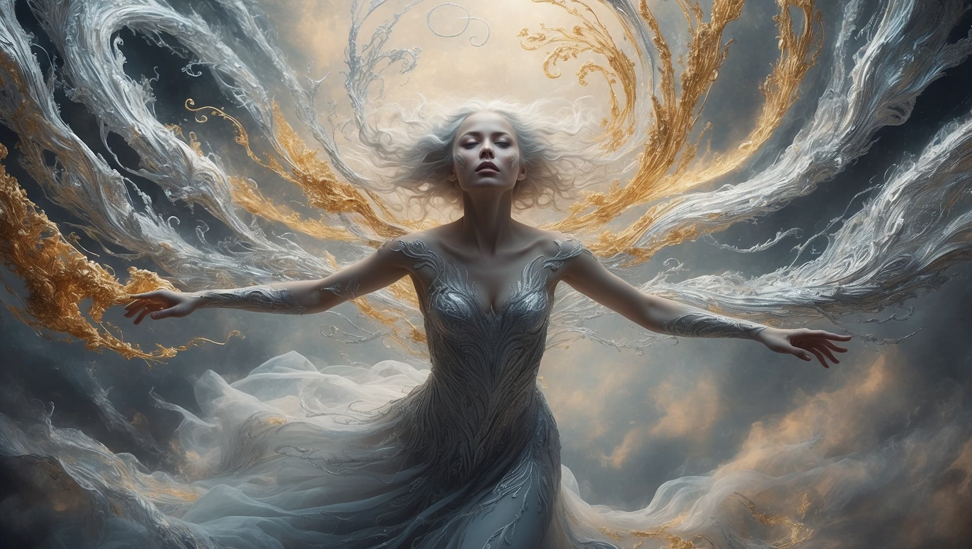 AI generated: In the center of the frame, an ethereal spirit with intricate patterns of swirling silver and gold e...