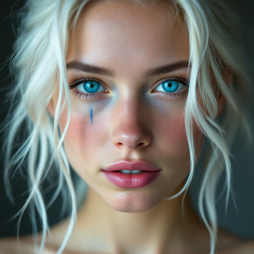 AI generated: 16 year old women, with beautiful white blondish hair, pink nice lips, straight teeth, light eyebrow...