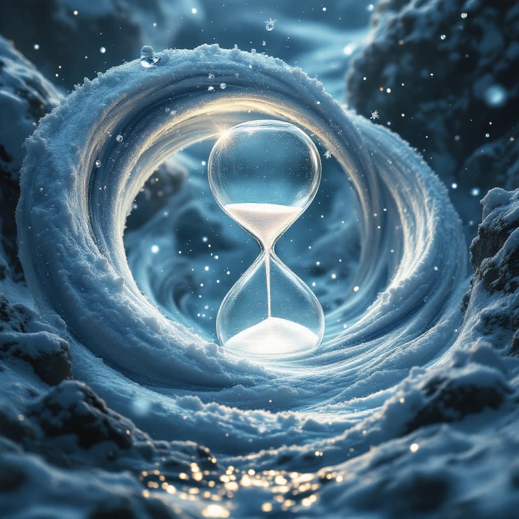 AI generated: the interweaving of an hourglass and an snow whirlpool, a magical atmosphere, cinematic lighting, ep...