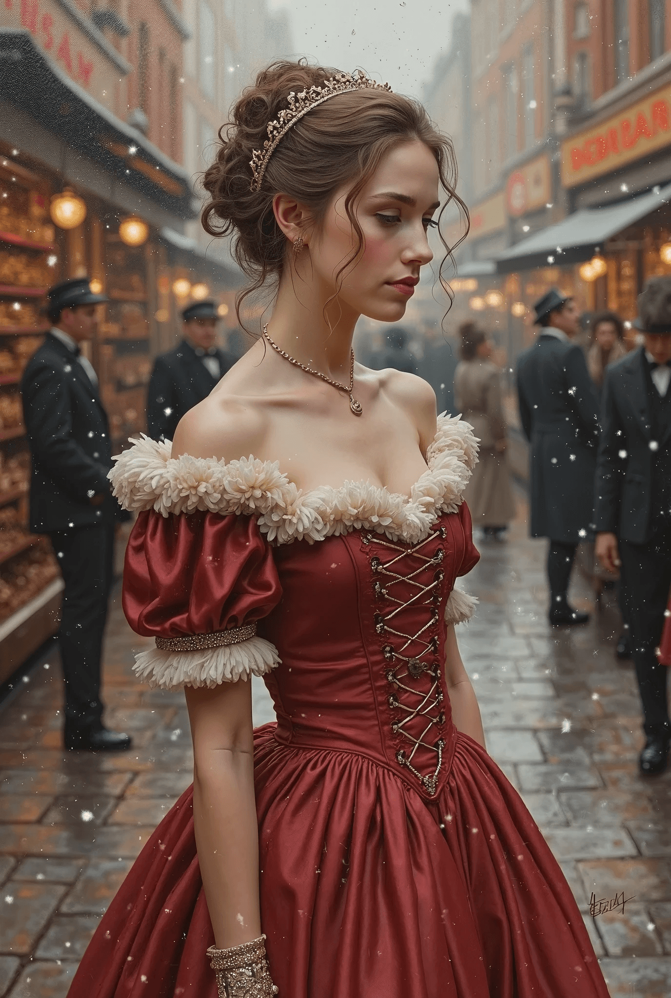 AI generated: Hyperrealistic, hyper-detailed oil painting style of an awkwardly beautiful blushing girl who is wea...