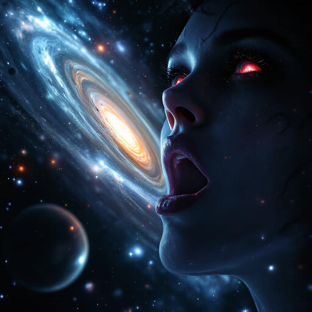 AI generated: enormous giantess modern sigourney weaver 
bigger than a galaxy floating in space, minuscule galaxy ...