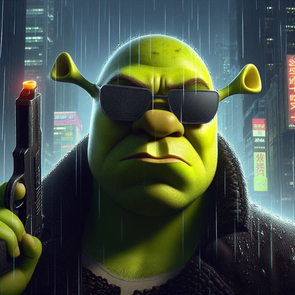 AI generated: Crea una imagen realista de Shrek serio con una pistola de agua en la mano y el fondo de unos edific...