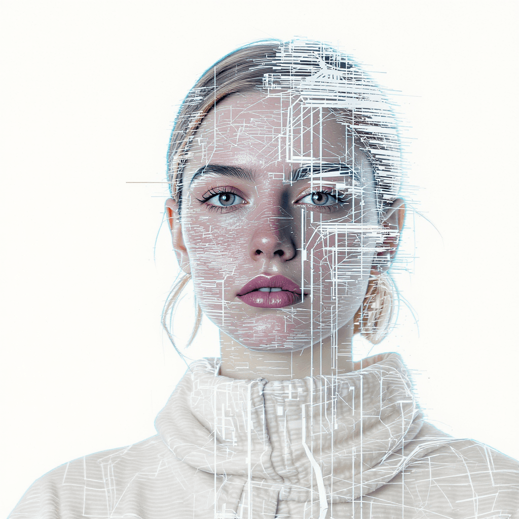 AI generated: glitch art portrait, single woman with clearly defined edges, gaze, pure white background, clean min...