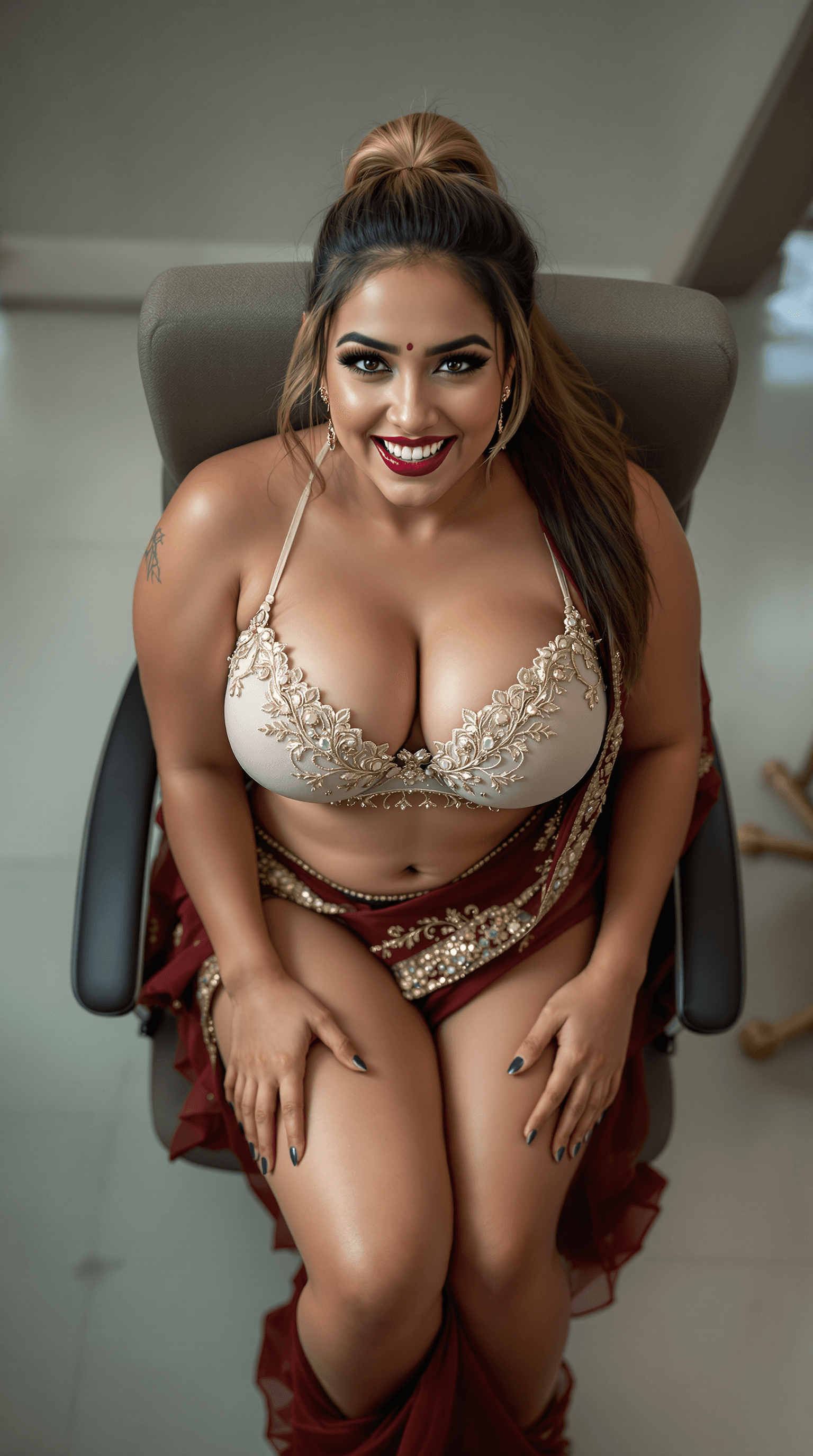 AI generated: Top view , full body image of a 25 year old plus sized hourglass figured Indian woman   sitting on a...