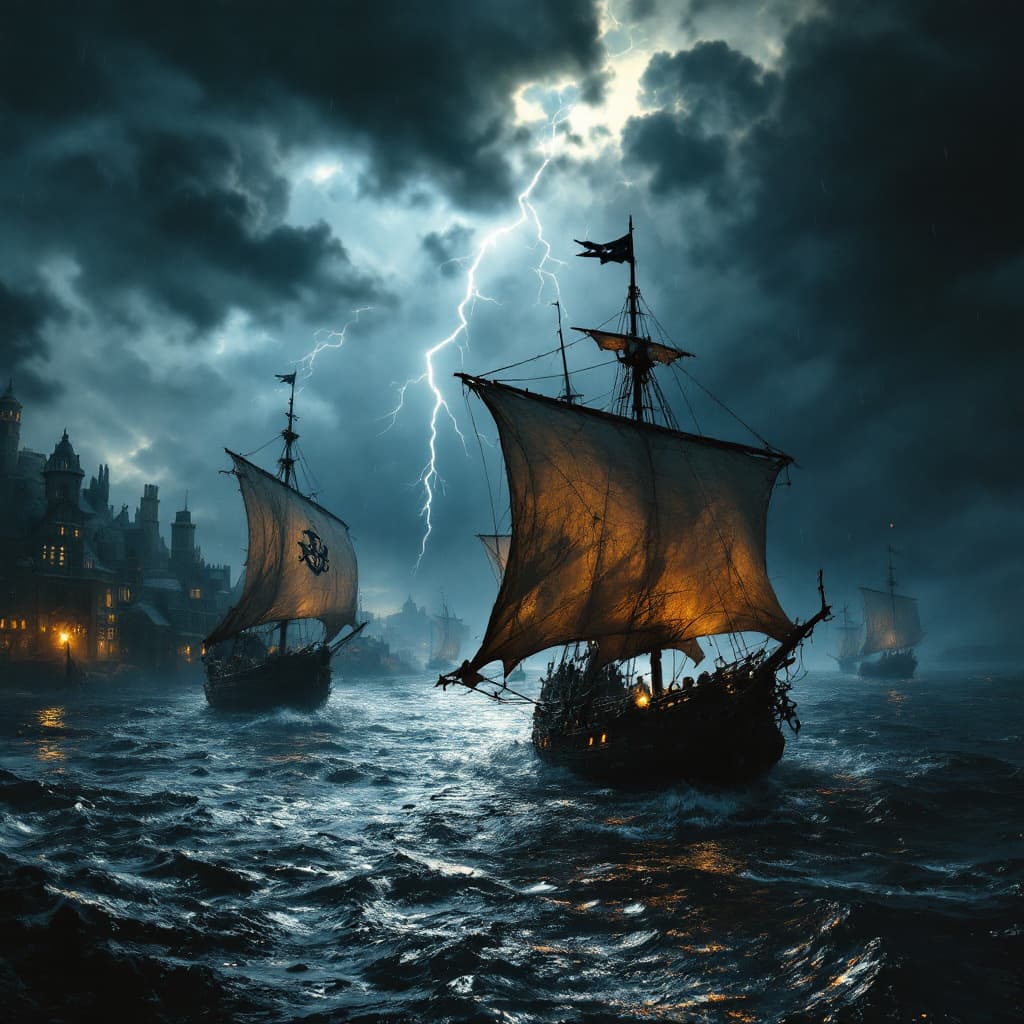 AI generated: Aerial view of a weathered 16th-century pirate ship stranded on a flooded coast in Ireland. Dark sto...
