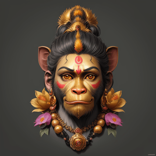 AI generated: the hanuman's face was painted with golden, in the style of nature-inspired compositions, dark gray,...