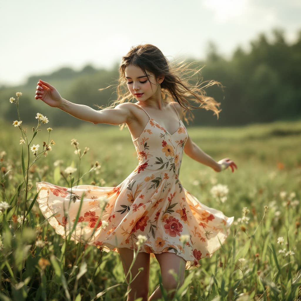 AI generated: a 9yo pretty face, small body with swimming dress dancing in the grass