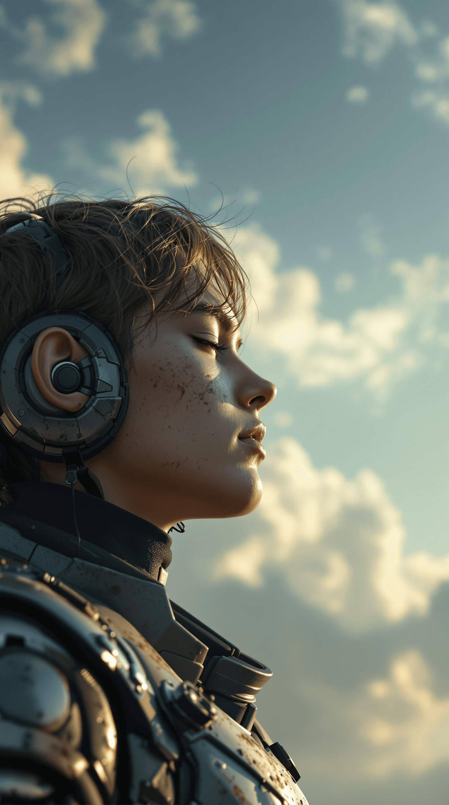 AI generated: A cinematic, hyper-detailed shot of a young pilot wearing a battle-worn mecha suit, captured in a dr...