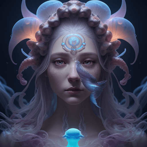 AI generated: Goddess close-up portrait ribcagel. jellyfish phoenix head, nautilus, orchid, skull, betta fish, bio...