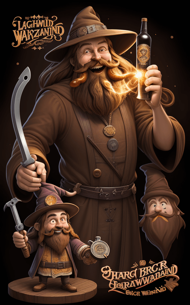 AI generated: charming character illustration, laughing wizard, bottle label, long brown beard, long brown hair, w...