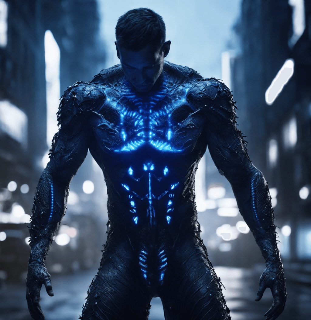 AI generated: A human form creature skin made of bugs, suny street background, blue neon light on skin, full body,...