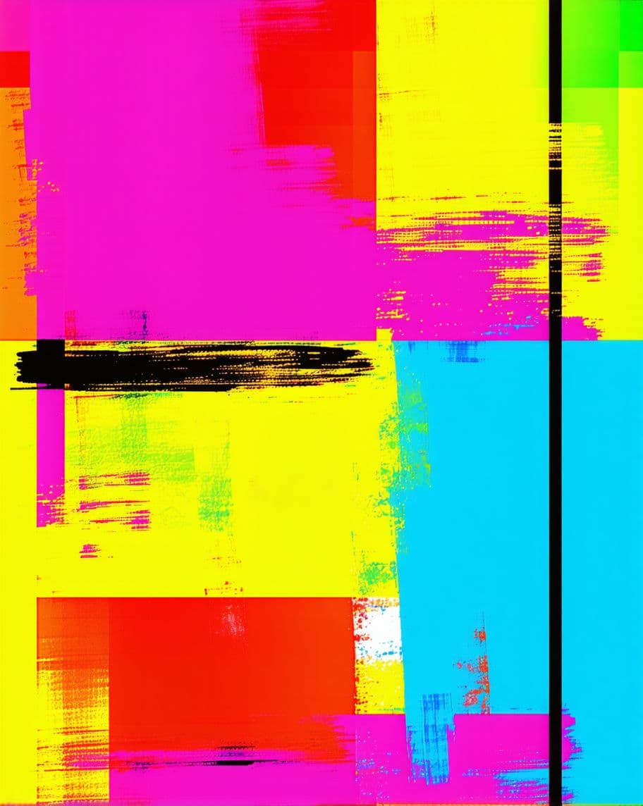 AI generated: "A vibrant abstract painting with bold brush strokes, vivid neon colors, and dynamic geometric shape...
