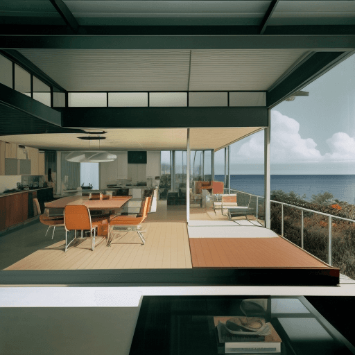AI generated: Hyper realistic eye level exterior photo of a mid century modern style house overlooking the ocean, ...