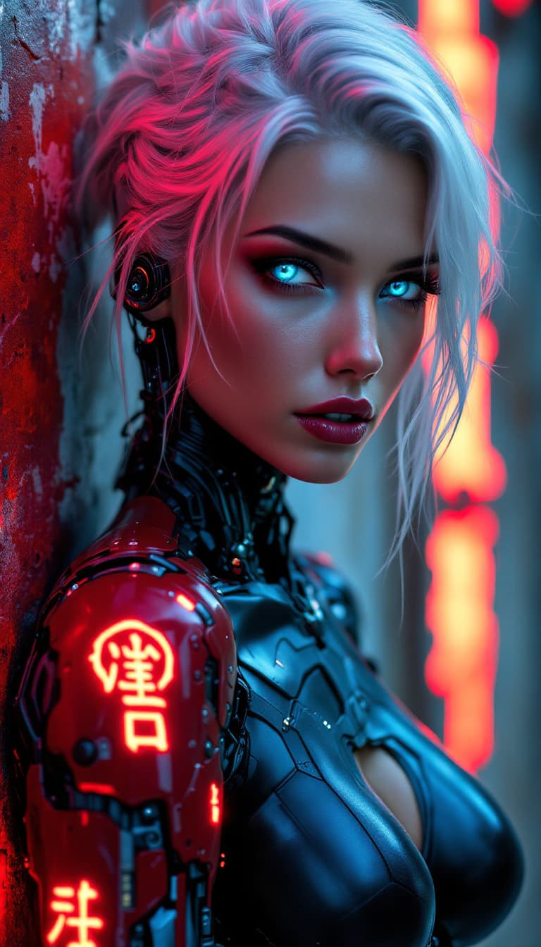 AI generated: Close- up portrait of a cybernetically enhanced woman with flowing platinum- white hair and piercing...