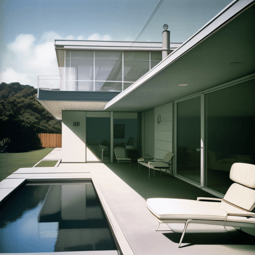 AI generated: Hyper realistic eye level exterior photo of a mid century modern style house overlooking the ocean, ...
