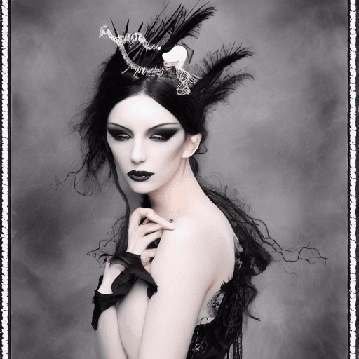 AI generated: A mysterious and alluring gothic siren emerges from the shadows, her pale skin and white makeup acce...