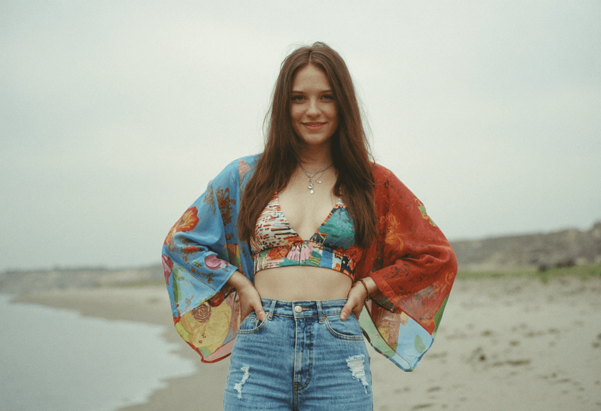 AI generated: 35mm film photograph, woman, 30 years old, long brunette hair, blue eyes, happy, colorful long sleev...