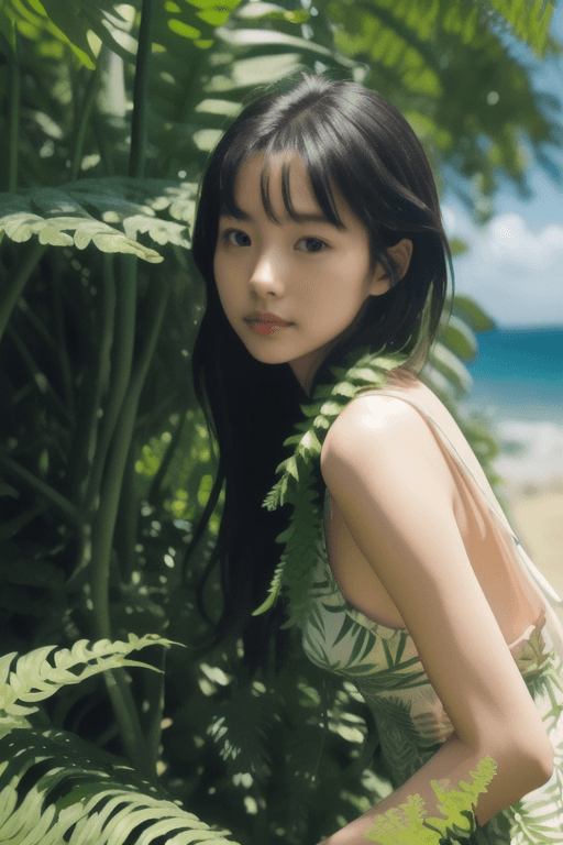 AI generated: a girl in the jungle, with a great view of the beach, an aphrodisiac and virgin beach, where you can...