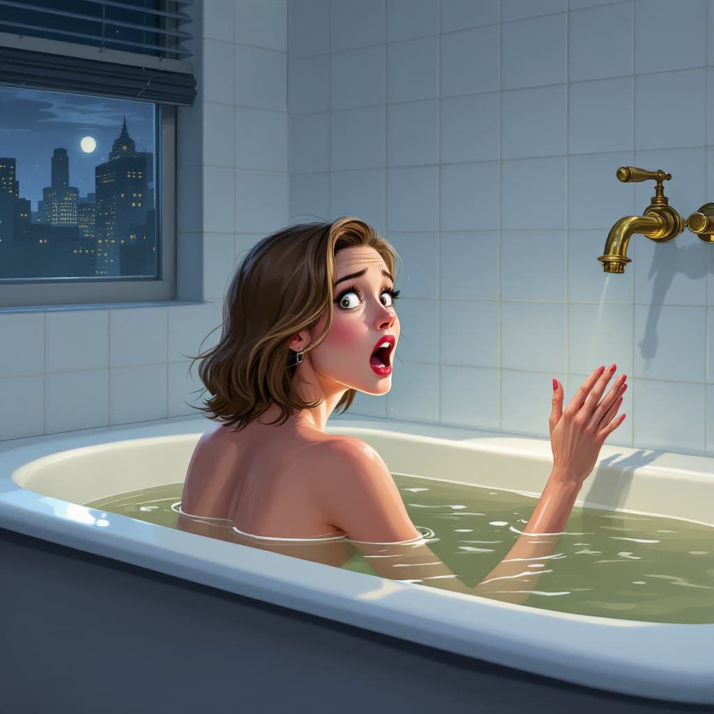 AI generated: A detailed digital illustration in the style of Dimitry Roulland, featuring a woman in a bathtub, fa...