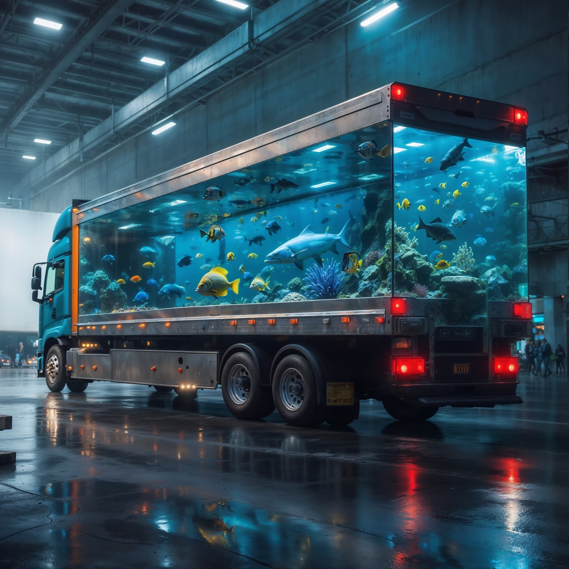 AI generated: a full wide view of the glass trailer on a semi truck showcasing the wild life of fish and sea creat...