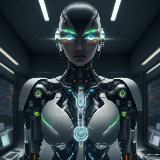 AI generated: Futuristic cyborg, sleek metal enhancements and glowing circuits, standing in high-tech laboratory, ...
