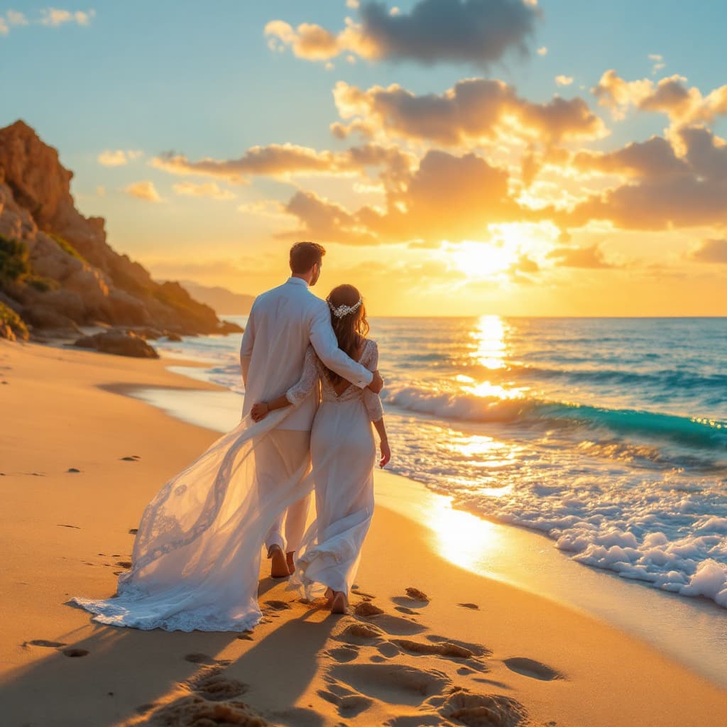 AI generated: "A married couple, chasing the sunset. a calm spot on an island beach,golden sands, a blue sky, and ...