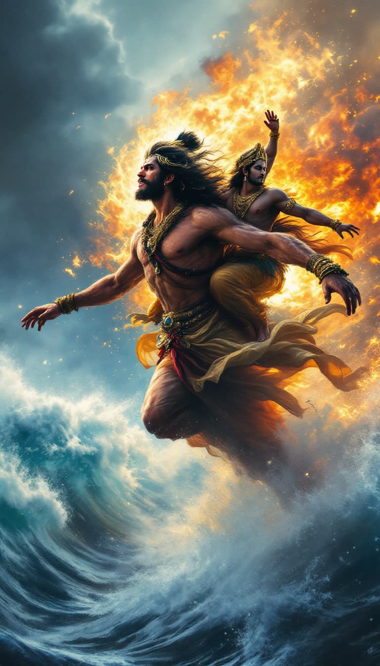 AI generated: Lord Hanuman carrying Lord Rama and Lakshman on his shoulders, flying over ocean towards India, fire...