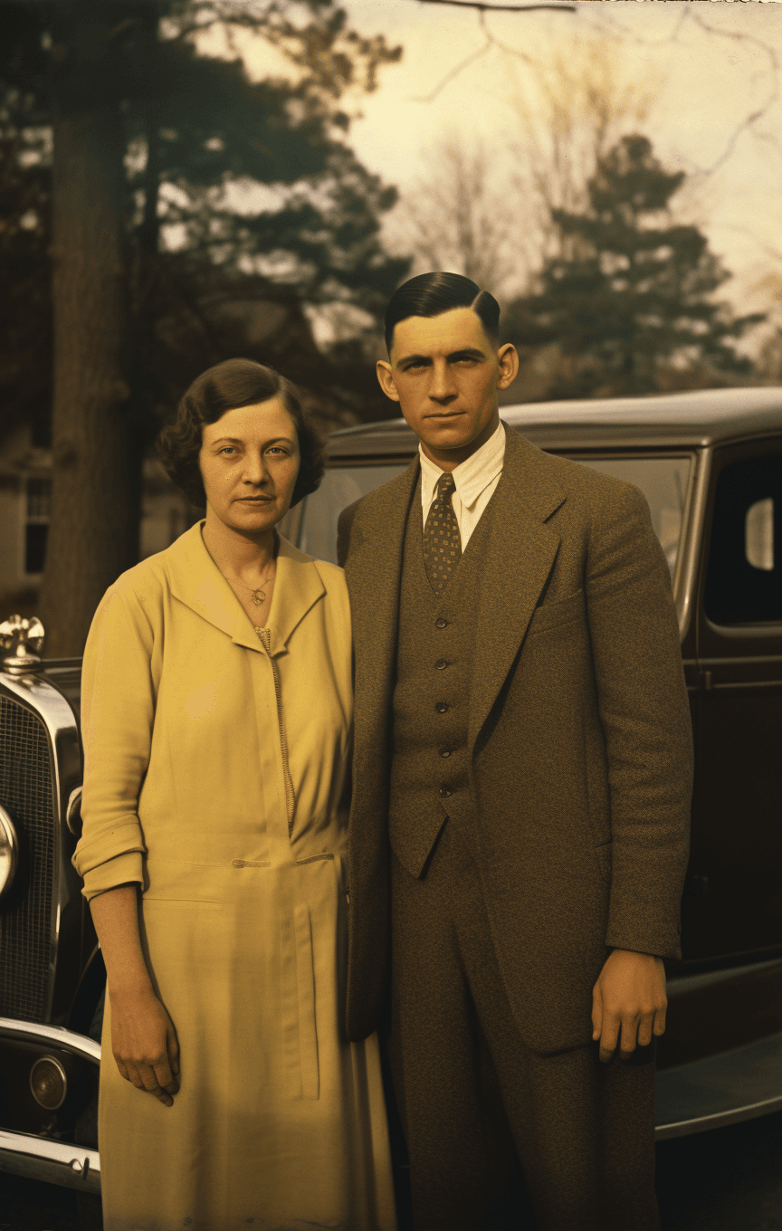 AI generated: a man and woman stand in front of a white car, in the style of grandparentcore, vintage portraiture,...