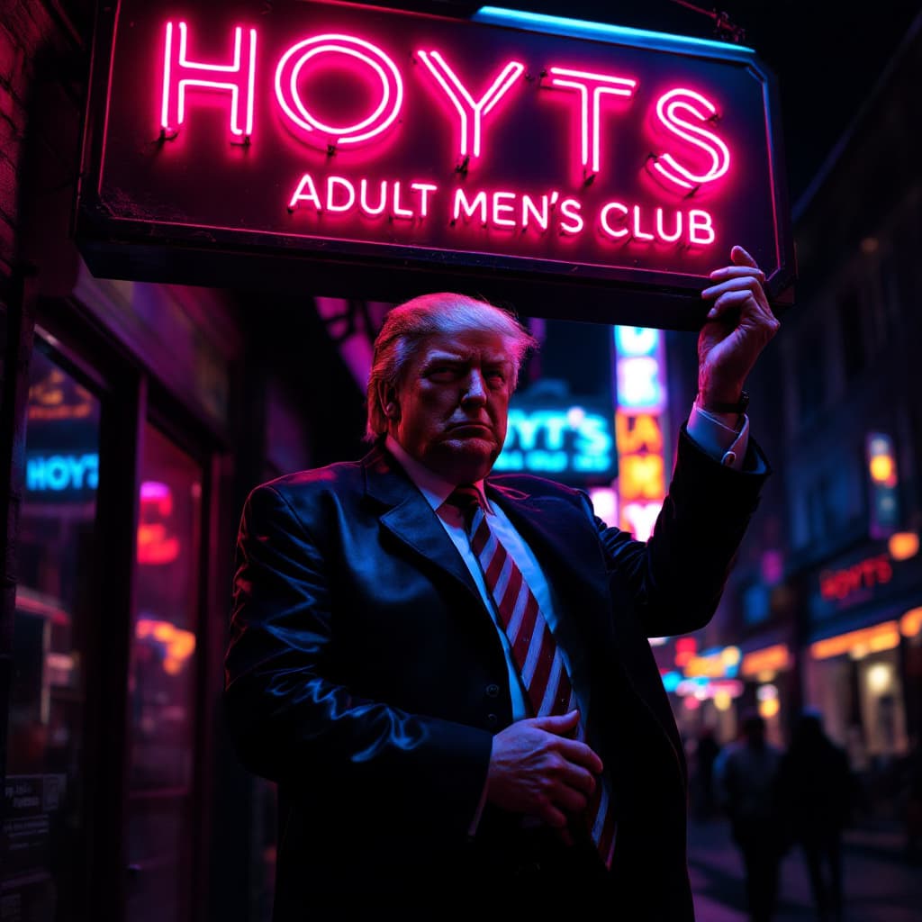 AI generated: Donald trump
 Holding a "Hoyts Adult Men’s Club" neon sign, night street, cyberpunk