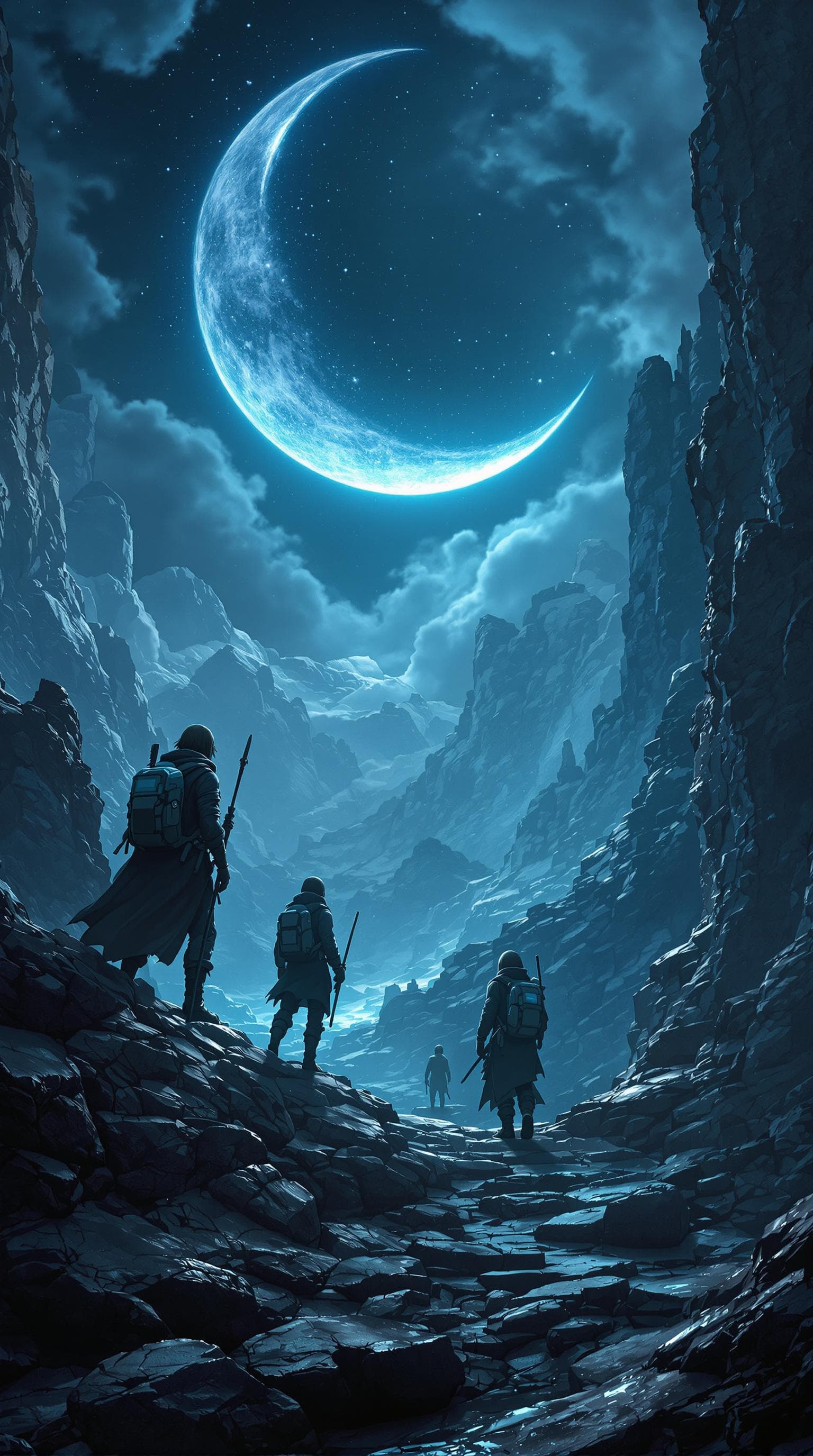 AI generated: Adventurers in training, with a crescent moon in the background, digital art, hyper realistic, fanta...