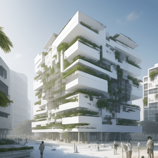 AI generated: Generate a building in a white environment that is surrounded by vegetation and people, the building...